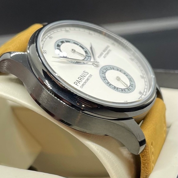 PARNIS 43mm White Dial Power Reserve Black PVD Coating Leather Automatic Watch - Picture 4 of 10